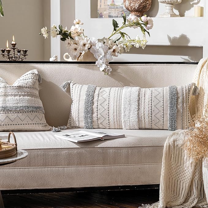 Gray Decorative Lumbar Throw Pillow Cover 14x36 Boho Long Cushion for Bed Neutral White Accent Farmhouse Pillowcase for Bedroom Living Room Couch Sofa Home Décor (Cover ONLY, Pack of 1)