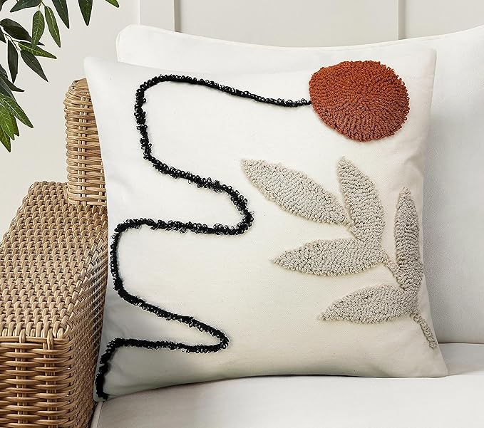 Merrycolor Abstract Boho Pillow Covers Tufted Mid Century Modern Throw Pillows Minimalism Aesthetic Textured Pillow Cover Sun Leaf Boho Pillows Decorative Throw Pillows for Bed Couch Sofa,18x18