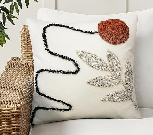 Merrycolor Abstract Boho Pillow Covers Tufted Mid Century Modern Throw Pillows Minimalism Aesthetic Textured Pillow Cover Sun Leaf Boho Pillows Decorative Throw Pillows for Bed Couch Sofa,18x18