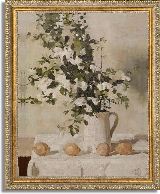 Farmhouse Kitchen Canvas Wall Art Vintage Country Neutral Rustic Muted Flower and Lemon Still Life Painting Picture Wall Decor Poster Print Artwork for Farm Dining Room Home Decoration Unframed Unframed