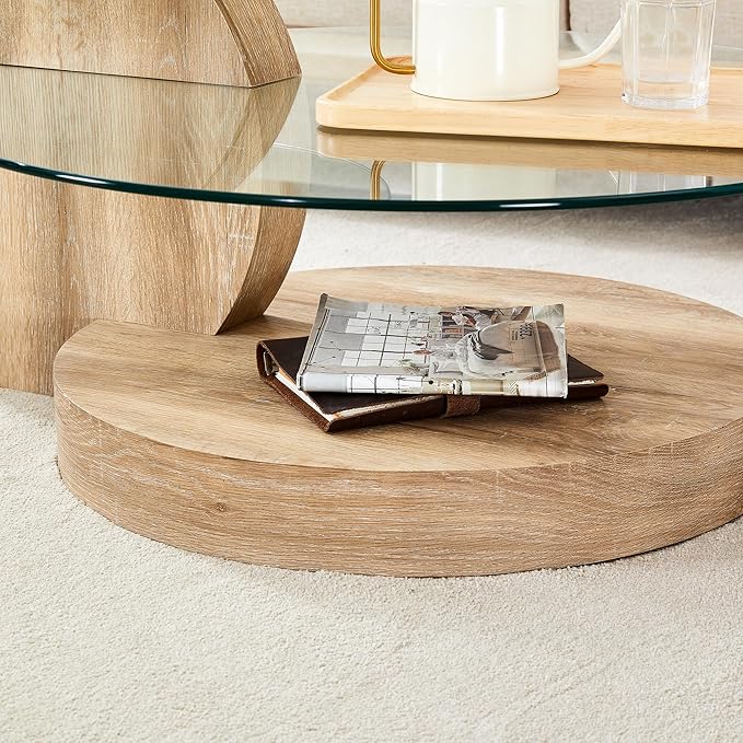 Glass Coffee Table, Modern Round Glass Coffee Table with Wooden Base, 3 Tier Round Coffee Table, Clear Cocktail Table with Storage for Living Room, Office, Balcony, Light Wood