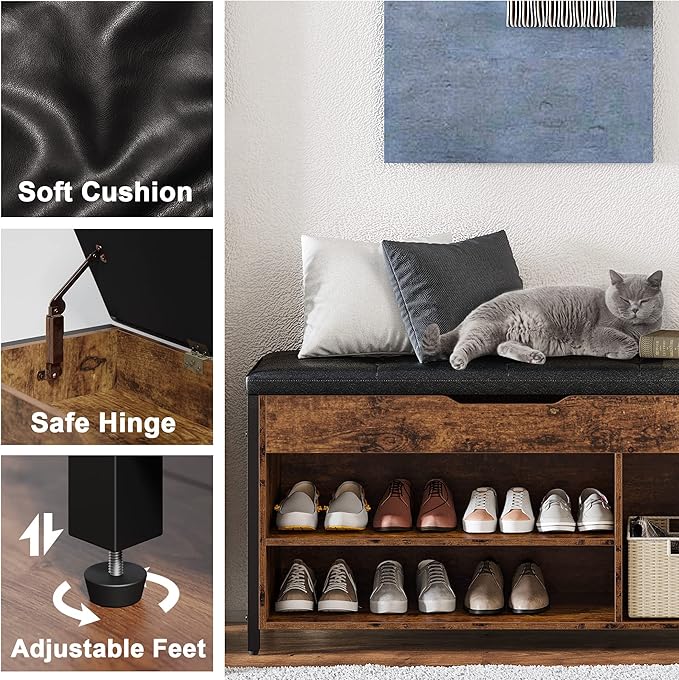 Shoe Bench, Lift Top Shoe Storage Bench, Adjustable Shelf Entryway Bench, Metal and Wood Shoe Rack Organizer with Cushion for Entry, Bedroom, Closet, Living Room, Hallway (Brown, 35.5“W)