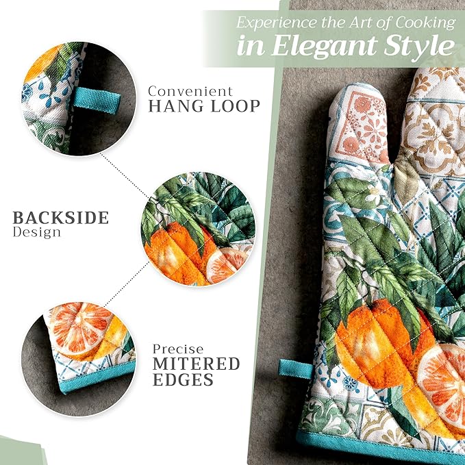 Maison d' Hermine 100% Cotton Oven Mitt & Pot Holder Set (7.5"x13" & 8"x8") Heat Resistant BBQ Cooking Gloves with Loop, Baking, Grilling, Kitchen, Handling Hot Pans Spring/Summer (Agrume)