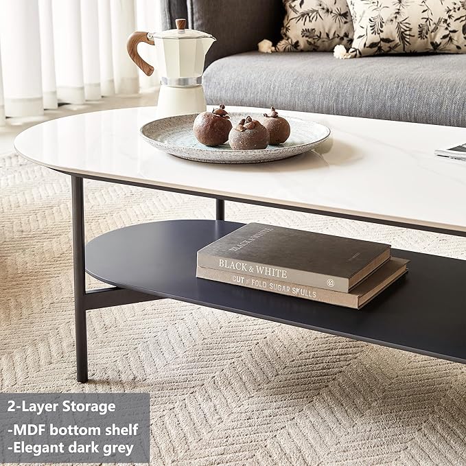 Oval Marble Coffee Table 47.2Inch Modern Living Room Center Table with Sintered Stone Top Dark Grey MDF Bottom Shelf 2-Layer, Sturdy Steel Frame