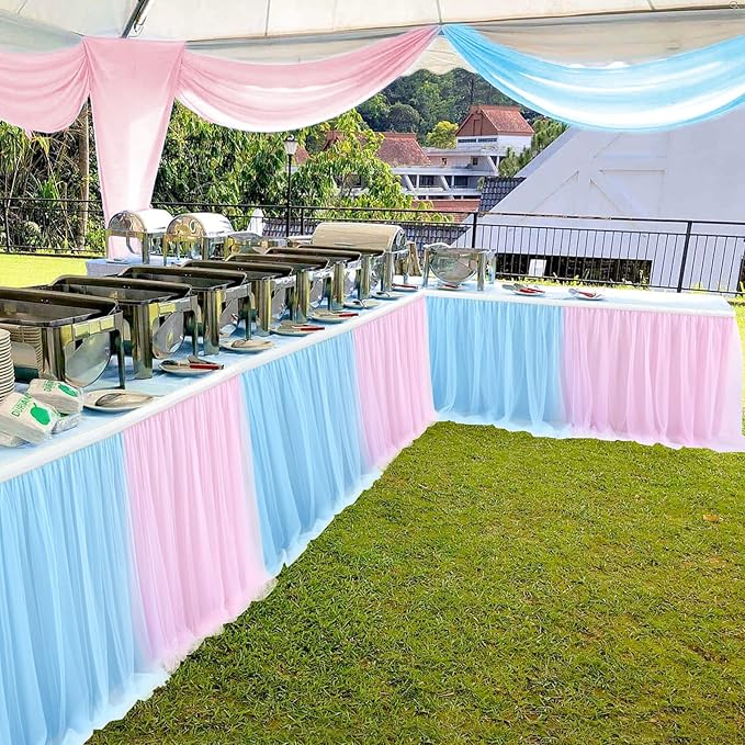 2 Pack 6ft Pink and Blue Tulle Table Skirt for Gender Reveal Tutu Table Clothes Cover for Baby Shower Boy or Girl Birthday Party Table Decorations, Gender Reveal Party Supplies