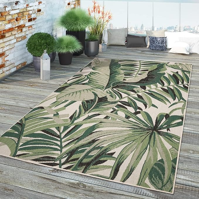 in- & Outdoor Rug Tropical Palm Leaf Design for Patio in Green Beige, Size: 2' x 3'3"