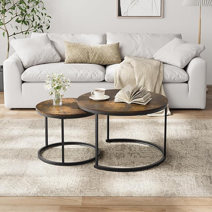 Smuxee Rustic Nesting Coffee Table Set of 2, 27.6" Round Coffee Table Wooden Marble Pattern with Adjustable Non-Slip Feet, Industrial End Table for Living Room Bedroom Balcony