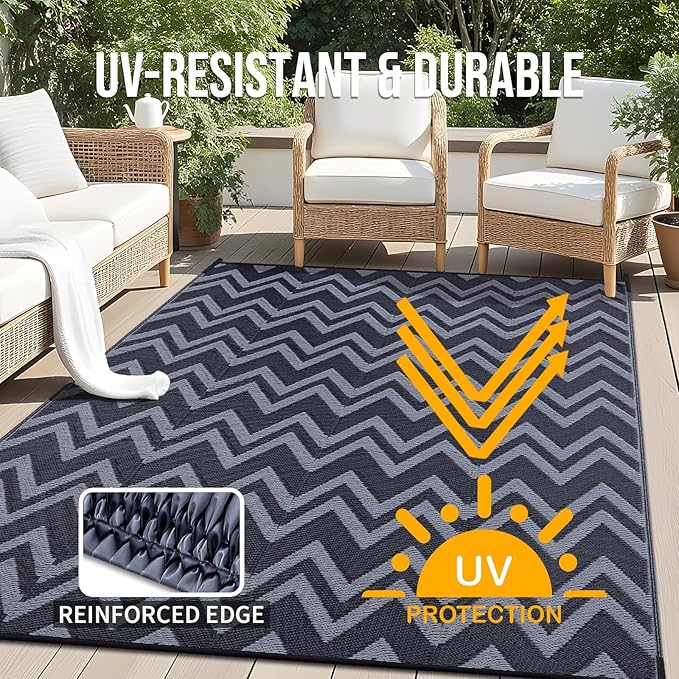 OLANLY Waterproof Outdoor Rug 8x10 ft Clearance, Reversible Outdoor Plastic Straw Rug, RV Mat, Indoor Outdoor Carpet for Patio, Camping, Balcony, Deck, Backyard, Black & Grey
