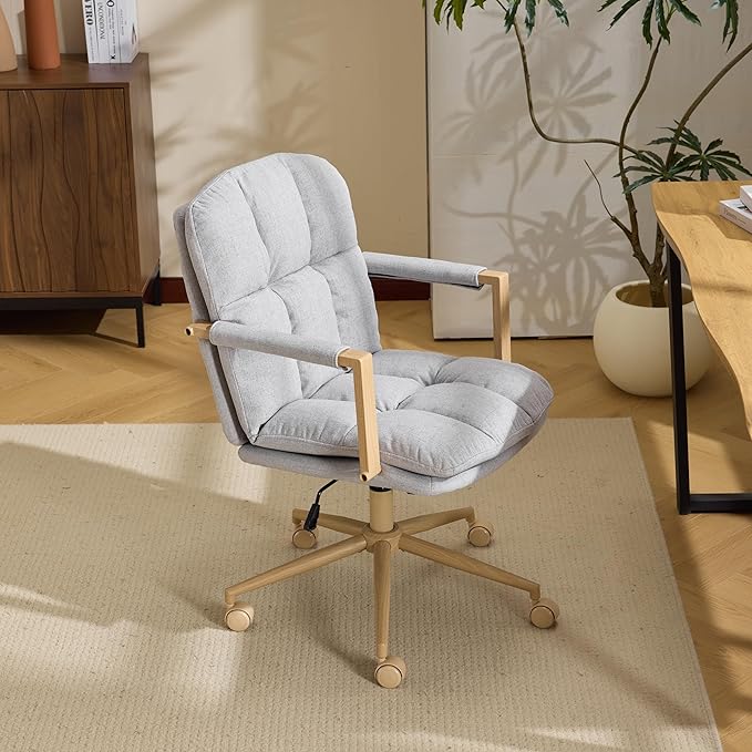 VINGLI Comfy Linen Office Desk Chair With Wheels &Detachable Cushions& Wood-like Armrests,Swivel Small Computer Task Chair,Adjustable for Girl Makeup Vanity,Teen/Kids Study,Nail Tech,Sewing,Light Grey