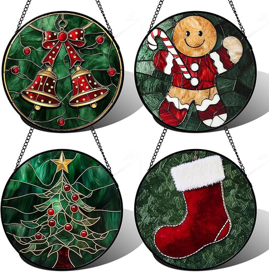 Stained Glass Window Hanging 4 Pcs Set Red Christmas Stockings and Gingerbread Large 15" - Suncatcher Door Garden Sun Catcher Decor Birthday Mother's Day Xmas Gifts for Mom Woman Nana Men