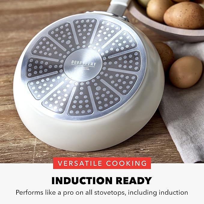 GreenPan x Bobby Flay 8" Nonstick Frying Pan Skillet, PFAS-Free Diamond Ceramic, Induction Suitable, Stay-Cool Silicone Handle, Easy Clean Dishwasher & Oven Safe, Egg & Omelet Pan, Cream