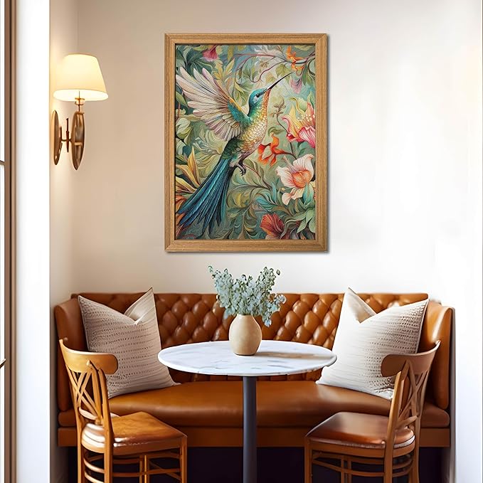 Framed Vintage 3D Textured Wall Art - Colorful Hummingbird Floral Wall Decor - Hand Painted Sandstone Nature Botanical Picture for Living Room Bedroom Home Decor 24x36 inch