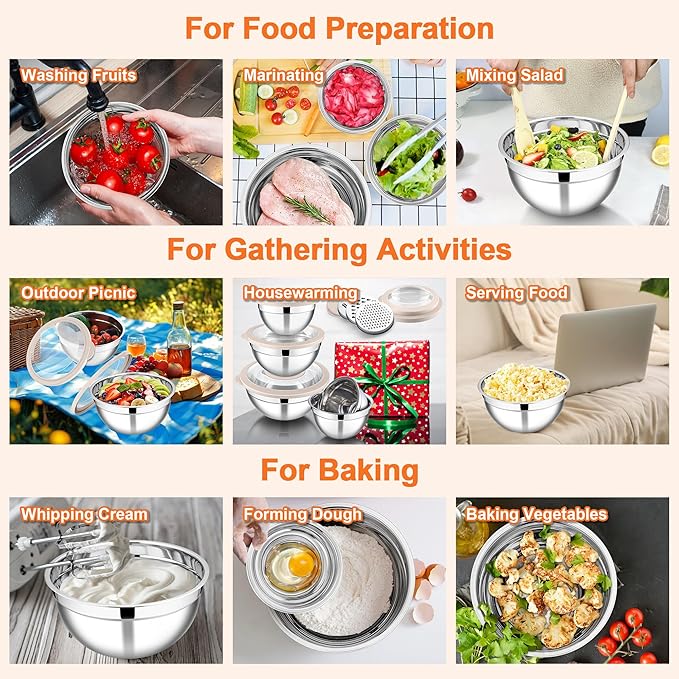 E-far Mixing Bowls Set of 5, Stainless Steel Salad Mixing Bowl with Transparent Lid, Metal Nesting Bowl Attach with 3 Graters for Kitchen Prepping/Serving/Baking/Storage, 4.6/2.6/1.5/1/0.7 QT - Khaki