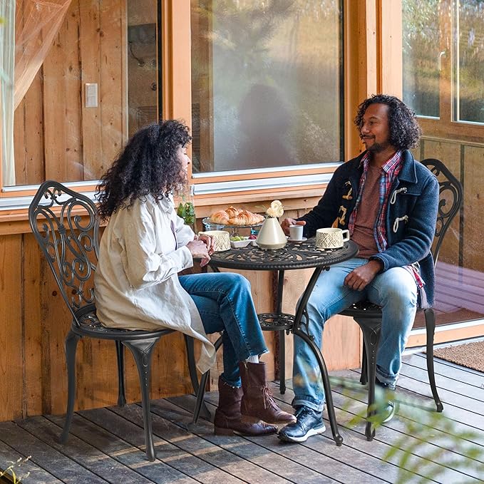 NUU GARDEN Patio 3-Piece Bistro Set with Olefin Cushions, Patio Chairs and Outdoor Round Table with Umbrella Hole, Cast Aluminum Patio Set for Lawn, Garden, Porch, Poolside, Black