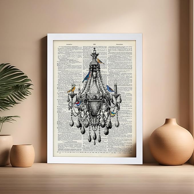 Poster Master Dictionary Art Poster - Antique Chandelier Print - Bird Art - Baroque Art - Gift for Men & Women - Chic Decor for Living Room, Dining Room, Bedroom or Kitchen, 16x20 White Framed