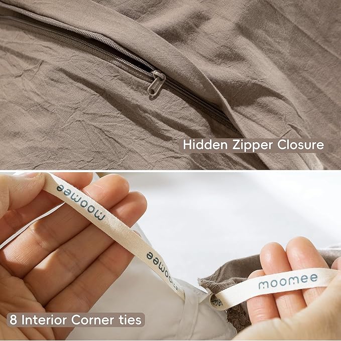 MooMee Bedding Duvet Cover Set 100% Washed Cotton Linen Like Textured Breathable Durable Soft Comfy (Solid Brown, Palatial King/Oversized King 120"x98")