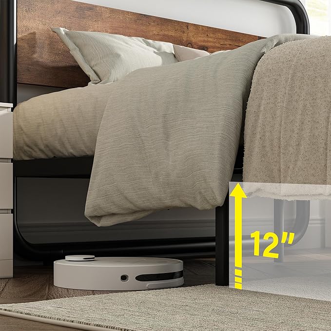 Catrimown Full Size Bed Frame, Heavy Duty Metal Rustic Platform Bed Frame with LED Wood Headboard and Footboard, Wooden Platform Bed Frame with Under Bed Storage, No Box Spring Needed, Rustic Brown