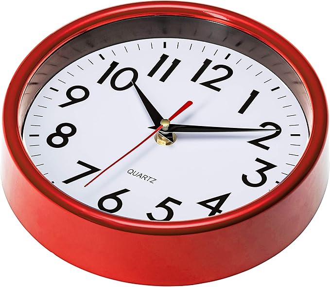 Bernhard Products Red Wall Clock 8" Retro Kitchen Silent Non-Ticking Quality Quartz Battery Operated Round Clock for Office Classroom Bedroom Bathroom Easy to Read