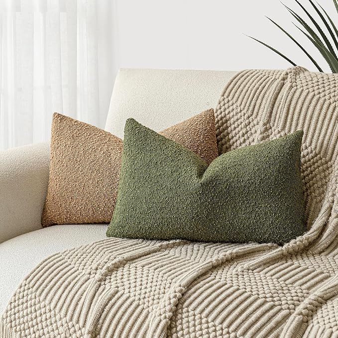 Foindtower Pack of 2 Modern Textured Boucle Throw Pillow Covers Accent Solid Decorative Lumbar Pillow Cases Cozy Couch Cushion Case for Chair Sofa Bedroom Living Room Home Decor, 12 x 20 Inch,Green