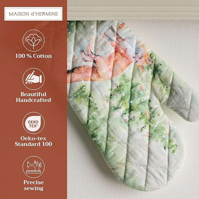 Maison d' Hermine Oven Gloves 100% Cotton Oven Mitt 7" x 13" with Loop Heat Resistant BBQ Cooking Gloves for Thanksgiving Christmas Decorations Baking Handling Hot Pans (Pack of 1, Winter Mornings)