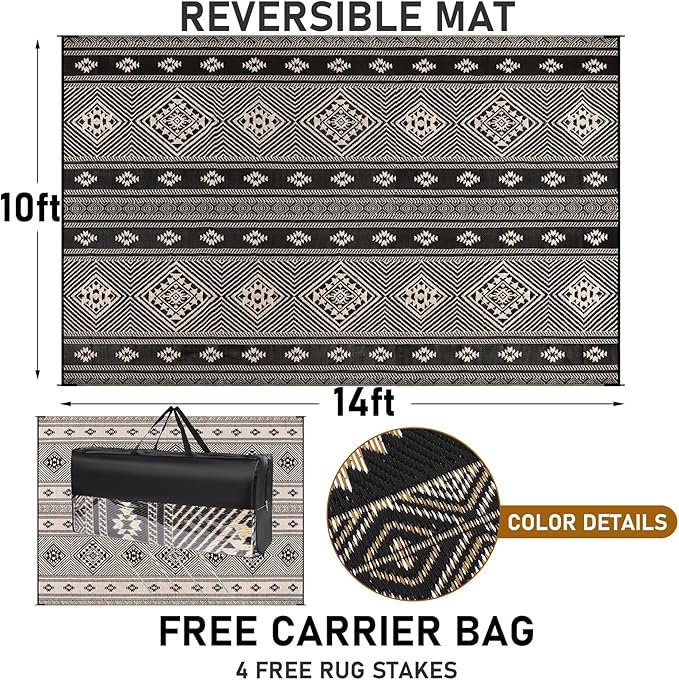 HiiARug Outdoor Rug for Patio Clearance,10'x14' Waterproof Mat,Beach Mat,Reversible Plastic Camping Rugs,Rv,Front Porch Decor,Deck,Camper,Balcony,Backyard,Boho Black