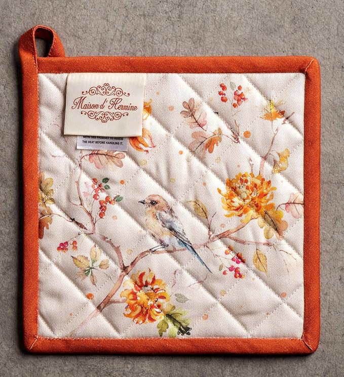 Maison d' Hermine Pot Holders 100% Cotton Heat Resistant Potholders 8" x 8" Hot Pads with Loop for Thanksgiving Christmas Decorations BBQ Cooking Baking Handling Hot Pans (Pack of 1, Kelim - Prairie)