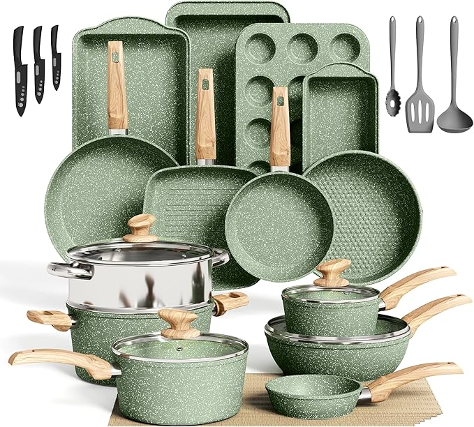 30 Piece Pots and Pans Set Non Stick, Nonstick Induction Granite Kitchen Cookware Sets, Induction Cookware and Bakeware Set, Nonstick Granite Cooking Set, Pan Sets for Cooking, Green