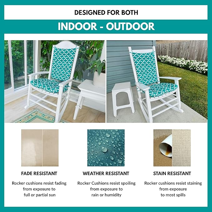 Fulton Aqua Porch Rocker Cushions - Extra-Large - Indoor-Outdoor: Fade Resistant, Weatherproof - Latex Foam Filled Rocking Chair Seat Cushion & Backrest Pad Set - Made in USA (Turquoise)