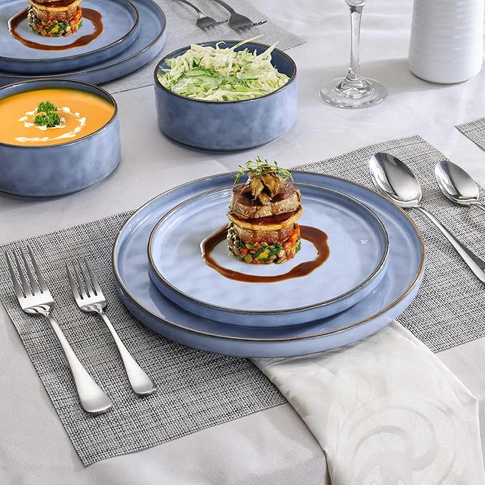 LIANYU 18 Pcs Dinnerware Sets for 6, Plates and Bowls Dinner Set, Stoneware Dish Tableware for Dessert Salad Pasta, Microwave & Dishwasher Safe, Serenity Blue