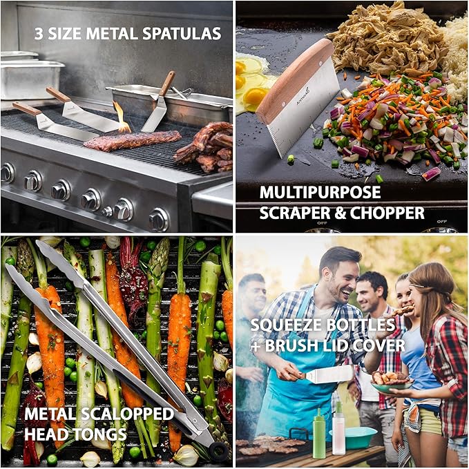 Metal Spatula Set - Griddle Accessories kit - Grill Flat Spatula Pancake Flipper Hamburger Turner - Metal Utensil Great for BBQ Grill Flat Top - Cast Iron Griddle Accessories - Commercial Grade