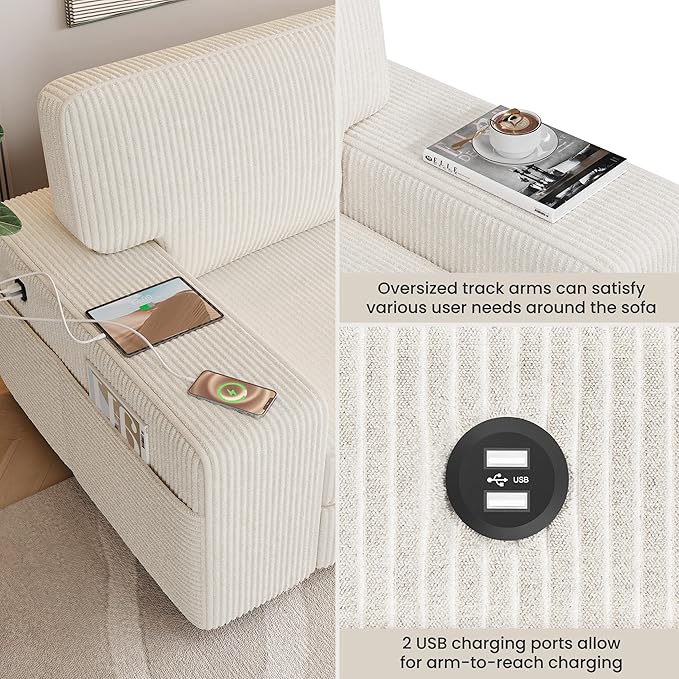 Yaheetech 83.5" W Modern Sofa Couch Corduroy Fabric Sofa with Detachable Cover, USB Charging Ports & Side Storage Pockets for Living Room Apartment, Ivory