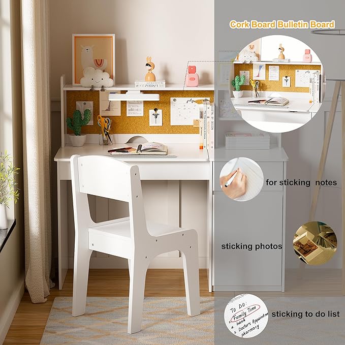 PakaLife Kids Study Desk and Chair Set,ChildrenTable with 3-Color Lights(Not Rechargeable),Tiltable Desktop,Multi Functional for Kids 5-12,Storage Wooden Student Writing Desk with Hutch for Bedroom