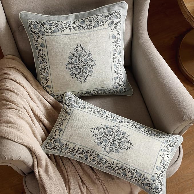 Design Linen Rectangle Throw Pillow Covers 12"x20" Pack of 2, Cottage Farmhouse Cushion Covers with Blue Grey Thorn Vine Pattern Decoration Pillowcases for Bed, Living Room, Outdoor, Car