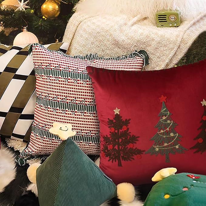 Christmas Pillow Covers 18x18 Inch - Red Embroidered Tree Throw Pillows for Holiday Decorations - Cushions for Couch, Sofa, Bed, Living Room, Bedroom