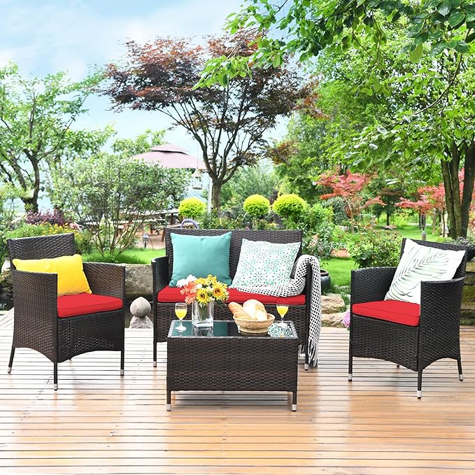 Tangkula 4 PCS Patio Rattan Conversation Set, Outdoor Wicker Furniture with Tempered Glass Coffee Table & Thick Cushion, Rattan Chair Wicker Set for Garden, Lawn, Poolside and Backyard (1, Red)