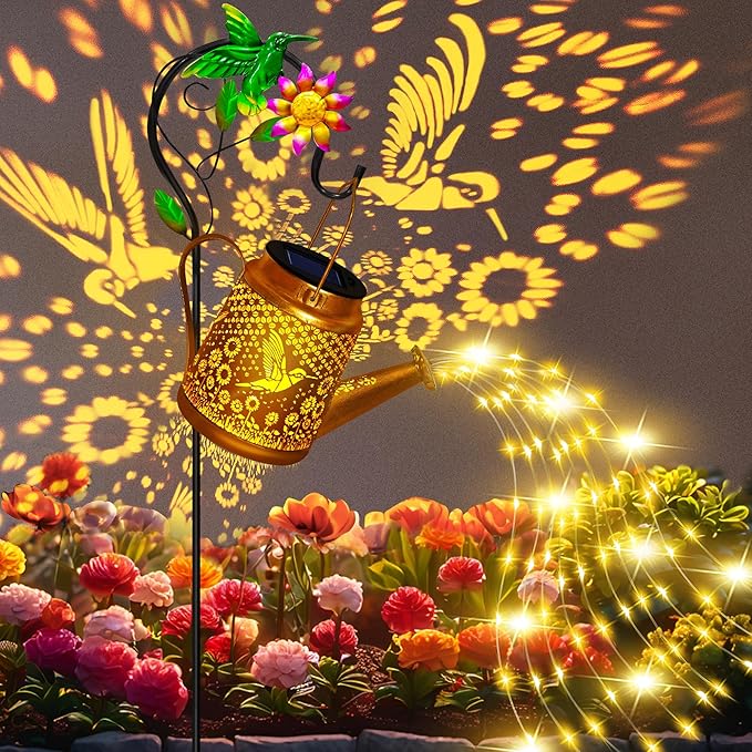 Hummingbird Solar Lanterns Garden Decor, Outdoor Waterproof Watering Can with Shepherd Hook, Solar Garden Decor for Yard Outdoor Landscape Pathway, Gifts for Women Mom Grandma Birthday, Mothers Day