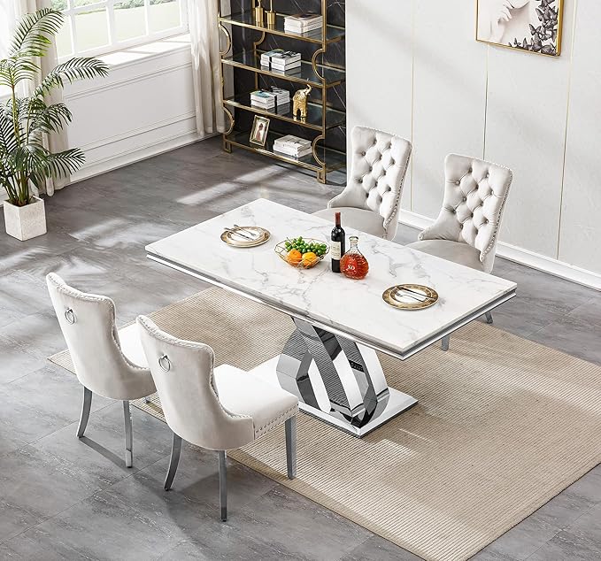 Goujxcy 68" Marble Dining Table Set for 4, Modern Rectangle Dining Room Table Set for 4, Luxury White Silver Marble Kitchen Table and Chairs Set of 4 for Living Room,Kitchen