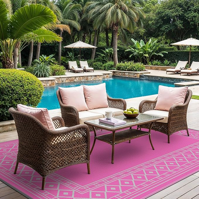 GENIMO Outdoor Rug Waterproof 6'x9' for Patio, Foldable Reversible Plastic Straw Carpet for Travel Trailers, Outside Area Mat for Rv, Deck, Picnic, Porch, Camper, Balcony, Beach, Pink & Grey