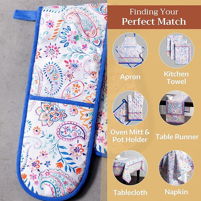 Maison d' Hermine Double Oven Mitts 100% Cotton 7"x35" Double Oven Mitt Heat Resistant BBQ Cooking Gloves with Loop, Baking, Grilling, Home, Kitchen, Handling Hot Pans Spring Summer (Indian Floral)