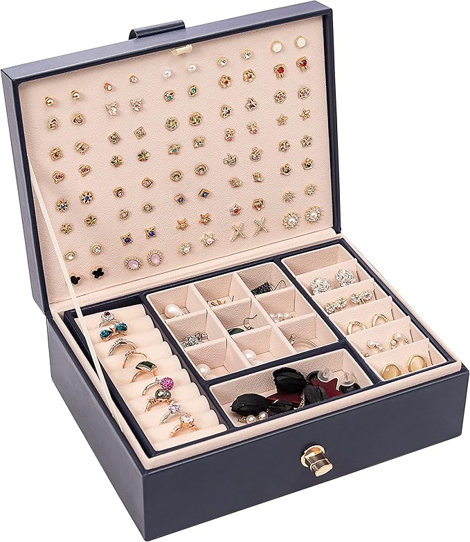 Jewelry Box Organizer for Women, Earring Organizer Holder with PU Leather for Birthday Christmas and New Year Gifts-Navy Blue
