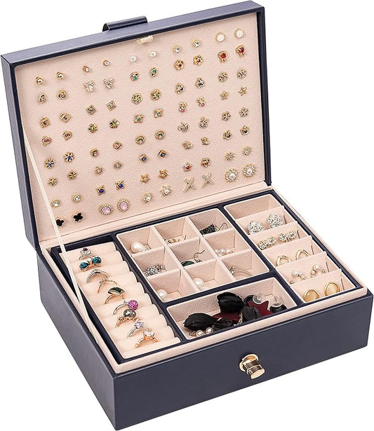 Jewelry Box Organizer for Women, Earring Organizer Holder with PU Leather for Birthday Christmas and New Year Gifts-Navy Blue