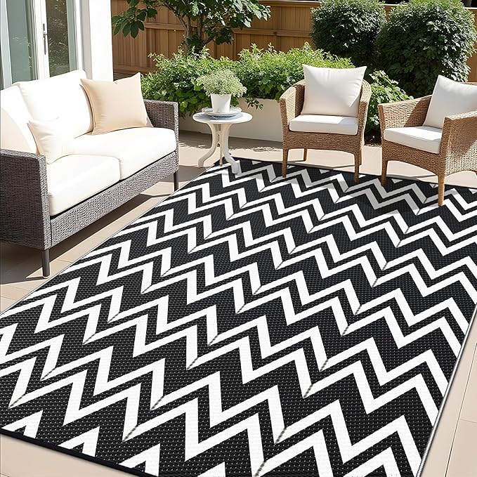 OLANLY Waterproof Outdoor Rug 6x9 ft Clearance, Reversible Outdoor Plastic Straw Rug, RV Mat, Indoor Outdoor Carpet for Patio, Camping, Balcony, Deck, Backyard, Black & White