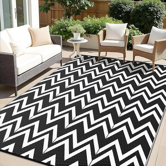 OLANLY Waterproof Outdoor Rug 8x10 ft Clearance, Reversible Outdoor Plastic Straw Rug, RV Mat, Indoor Outdoor Carpet for Patio, Camping, Balcony, Deck, Backyard, Black & White