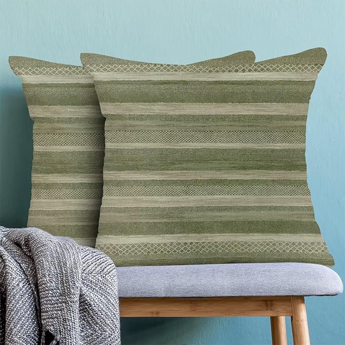 Boho Green Stripe Throw Pillow Covers 18x18 Inch Set of 2, Rustic Abstract Decorative Throw Pillow Covers Retro Stripe Neutral Outdoor Cushion Cover for Sofa Couch Farmhouse Room Bed Decor