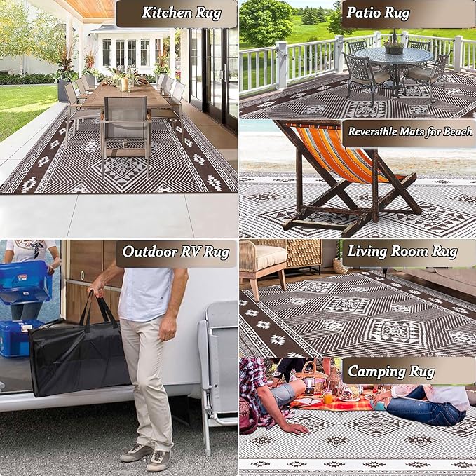 Outdoor Rug 9x18 for Patio Waterproof Patio Rugs Outdoor Mats for Front Porch,Beach Mat,Reversible Plastic Camping Rugs,Camper Rugs for Outside,RV,Deck,Balcony,Backyard,Boho Brown