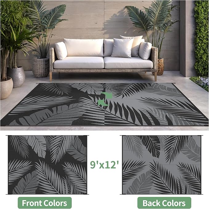 Outdoor Rug 9’x12’ Waterproof for Patio Clearance, Reversible Indoor Outdoor Plastic Straw Camping Rug Carpet, RV Mat, Large Area Rug for Deck, Backyard, Balcony, Porch, Beach, Black & Grey
