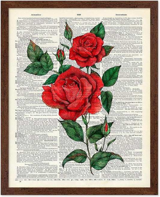 Poster Master Dictionary Art Poster - Red Roses Print - Flower Art - Floral Art - Gift for Men, Women & Florist - Minimal Decor for Living Room, Bedroom, Dorm or Flower Shop, 8x10 Brown Framed