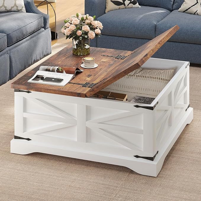 oneinmil Farmhouse Coffee Table with Storage Organizer, Square Coffee Tables with Large Storage Space, Center Table for Living Room, Bedroom, Home Office, White