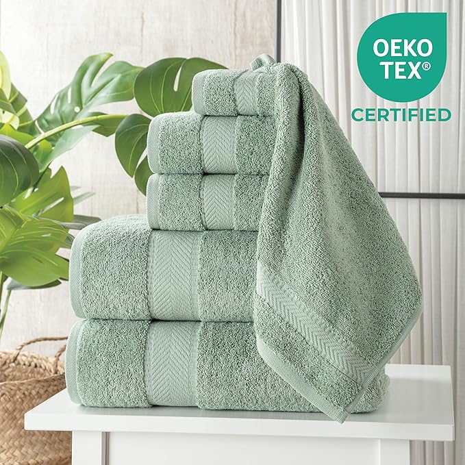 TEXTILOM 100% Turkish Cotton 6 Pcs Luxury Bath Towels, Soft & Absorbent Bathroom Towels Set (2 Bath Towel, 2 Hand Towel, 2 Washcloths)- Green