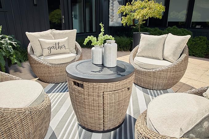 Signature Design by Ashley Danson Outdoor Lounge Chair with Cushion and 360-Degree Swivel, Set of 2, UV-Resistant Performance Fabric and Resin Wicker, Light Brown